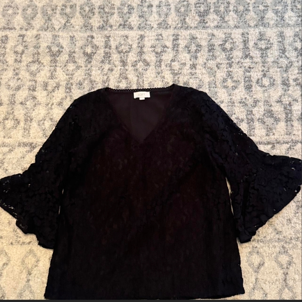 LOFT Black Lace Blouse with Flared Sleeves